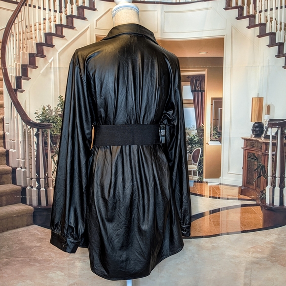 Black Faux Leather Sleek Long Sleeve Low-Cut Mini Shirt Dress - Picture 4 of 7